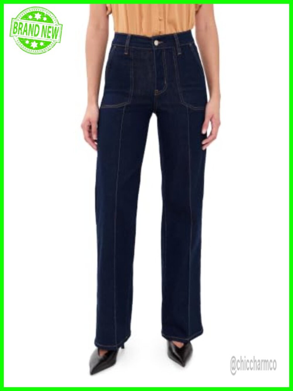High Rise Wide Leg Palazzo Jeans with Pintuck Pockets